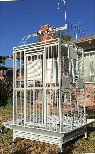 Vista 9 de Escaleras dobles y grandes, abiertas en la parte superior con hierro forjado. Jaula para pájaros, loros, pinzón loro guacamayo cacatúa. Incluyen