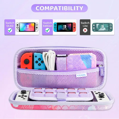 Vista 6 de RHOTALL Nintendo Switch OLED Cover, Hard Portable Travel Case for Switch Game Accessories with Purple Game Case and 2 Thumb Caps - Fish