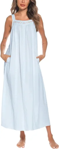 Vista 35 de YOZLY Camisones de algodón para mujer con bordado, sin mangas, con bolsillos S-XXXL