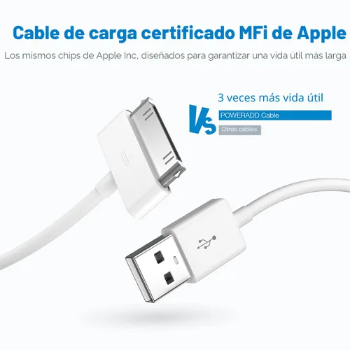 Vista 2 de sarmert Cable de carga USB de 30 pines certificado por Apple, cable de carga USB de 4.0 pies compatible con iPhone 4 4S 3G 3GS iPad 1 2 3 iPod Touch