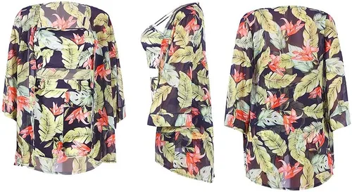Vista 6 de KEYUFANG Conjunto de 3 piezas para mujer, kimono floral, cárdigan, salida de baño, hombros descubiertos, ombliguera y camisola