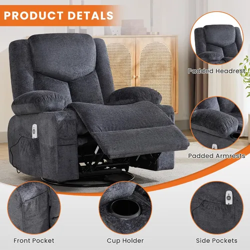 Vista 5 de BOSMILLER Silla reclinable giratoria con masaje por vibración y calor Gris
