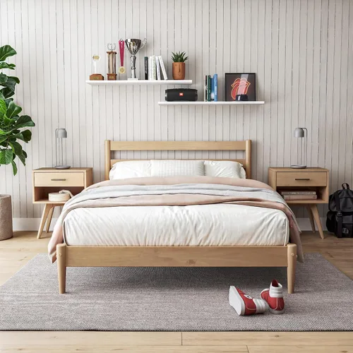 Vista 2 de Camaflexi Mid-Century - Cama de plataforma moderna, madera maciza, cabecera de listones, base de colchón de 10 listones de madera, no necesita Roble