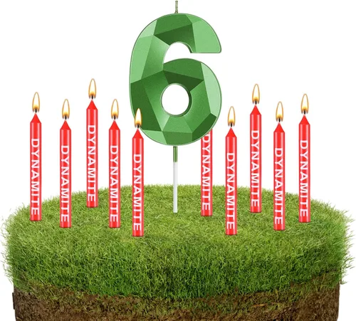 Vista 9 de Fumete 13 velas de dinamita, velas de cumpleaños de píxeles verdes, decoración de cumpleaños temática de juego para temática de píxeles