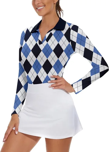 Vista 3 de Soneven Camisas de golf de manga larga para mujer que absorben la humedad, cuello en V, camisas polo de golf sin cuello