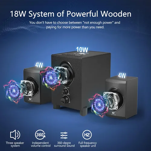 Vista 8 de Altavoces Bluetooth para computadora OROW, altavoz de PC con subwoofer, altavoces inalámbricos de 18W con perilla frontal, compatibles con AUX