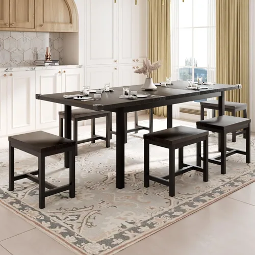 Vista 16 de Feonase Juego de mesa de comedor de 5 piezas para 4-8 personas, juego de mesa de cocina grande extensible de 63 pulgadas con 2 bancos y 2 taburetes