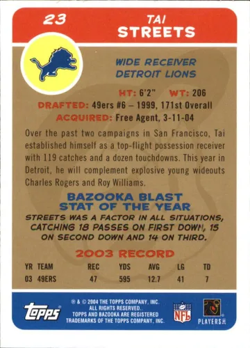Vista 2 de 2004 Bazooka Gold #23 Tai Streets NFL Football Trading Card