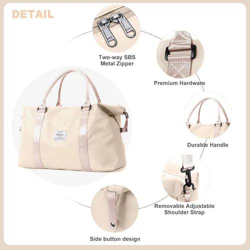 Vista 4 de Bolsas de viaje para mujer, bolsa de viaje para fin de semana, bolsa de lona con mojado Pocke, beige (A-Beige)