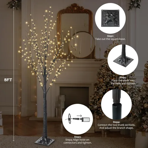 Vista 3 de Árbol iluminado con 400 luces LED de 5 pies, incluye luces parpadeantes, abedul LED con temporizador para exteriores, interiores, Pascua, Navidad