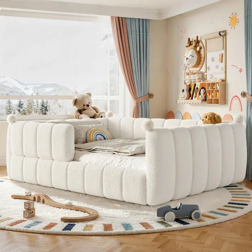 Vista 21 de Bellemave Cama Montessori tapizada de tamaño individual con valla, color Peluche beige