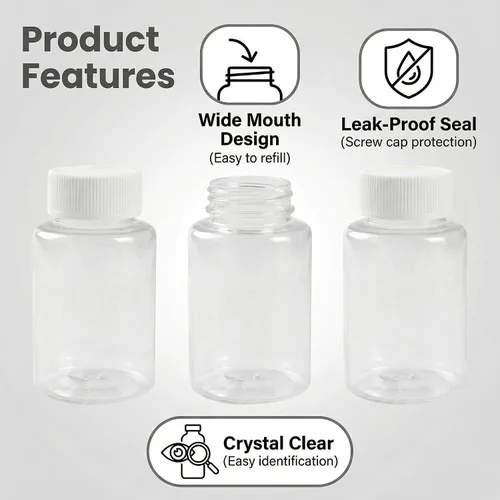 Vista 3 de 12 botellas transparentes de plástico de 3.3 onzas líquidas, contenedor vacío con tapa de rosca blanca, estuche de polvo sólido, soporte