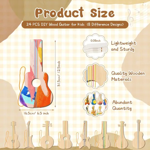 Vista 2 de Syhood 24 piezas de recortes de guitarra de madera para niños, recortes de guitarra de madera de 12 x 6.5 pulgadas para niños y niñas, instrumento