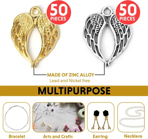 Vista 2 de JGFinds Dije de alas de ángel, paquete de 100 (50 plateadas, 50 en tono dorado) suministros para hacer joyas, pequeñas alas de metal de 7/8 pulgadas