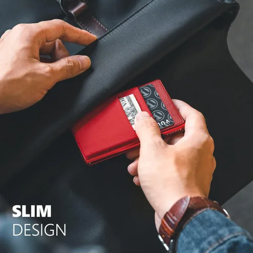 Vista 22 de VULKIT Billetera minimalista con ventana de identificación y bolsillo EDC con bolsillo desplegable para tarjetas de crédito y bloqueo RFID, diseño