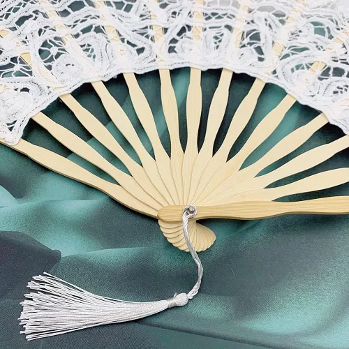 Vista 5 de Propupy Abanico de mano plegable para mujer, elegante abanico de algodón, hecho a mano, vintage, retro, con varillas de bambú y borlas de seda