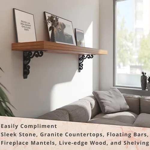 Vista 6 de Soportes de estante de metal Starby resistentes ~ Soportes de corbel de pared de hierro para mostrador, repisa, estantes ~ Hierro forjado negro ~