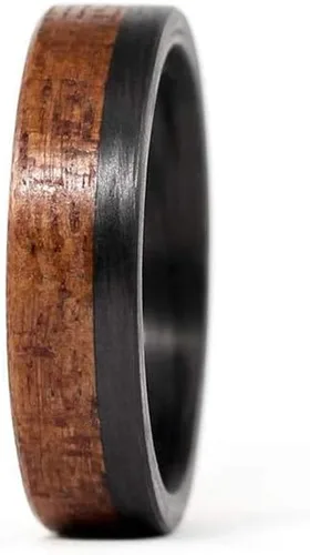 Vista 2 de Men's carbon fiber and bentwood ring. Modern and natural wooden caoba wedding band. Water resistant, very durable and hypoallergenic. (00405_7N)