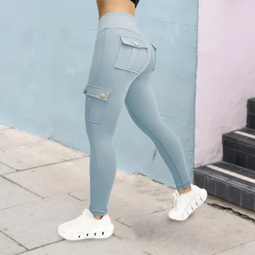 Vista 4 de Leggings cargo para mujer con bolsillos con solapa, talla grande, pantalones de yoga de cintura alta, leggings de entrenamiento con levantamiento
