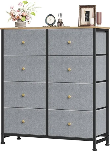 Vista 32 de Sweetcrispy Cómoda para dormitorio, cómoda de tela con 8 cajones, cómoda para armario, sala de estar, marco de acero resistente, parte superior