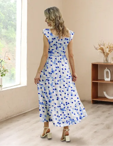 Vista 4 de YESNO Vestido largo de verano con volantes y hombros descubiertos para mujer, vestido casual con estampado floral fruncido con bolsillos E17