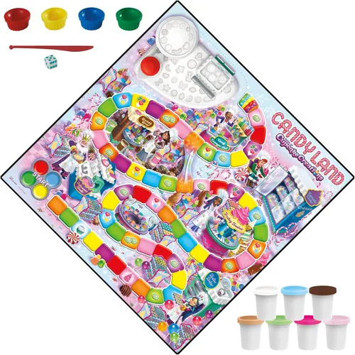 Vista 5 de Hasbro Gaming Candy Land Cupcake Creations, juego de mesa para niños con 7 latas y herramientas Play-Doh