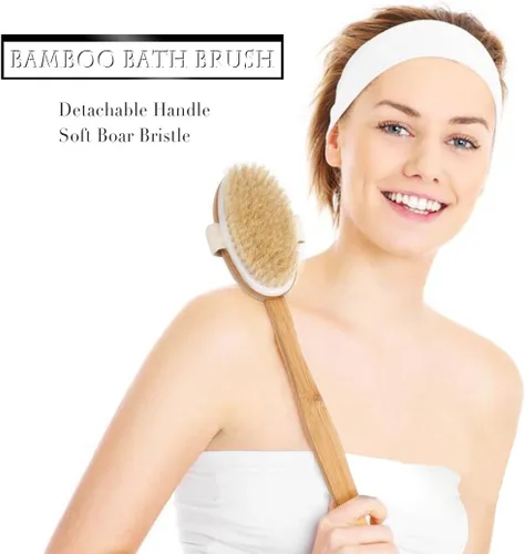 Vista 7 de Cepillo corporal de baño y ducha, cepillado de piel seca con cerdas de jabalí 100% naturales y mango desmontable de bambú de 16 pulgadas de largo