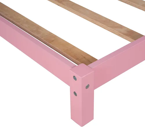 Vista 5 de Merax Cama de plataforma de madera tamaño individual con cabecero en forma de casa para niños y niñas, rosa