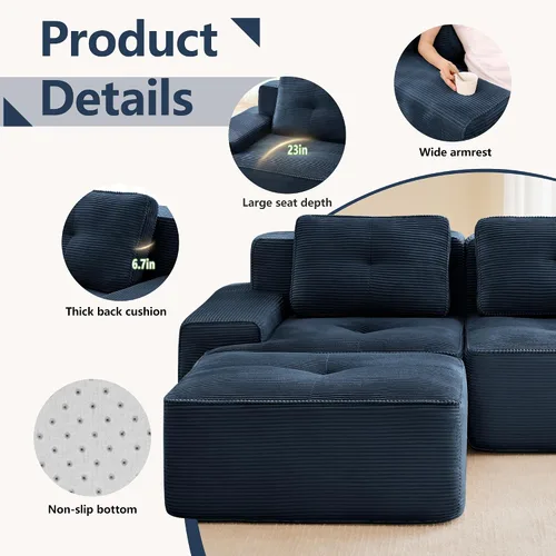 Vista 3 de Sofás modulares sin hueso de 152.8 pulgadas para sala de estar, sofá modular con diván en forma de L, cómodo asiento profundo tapizado de tela