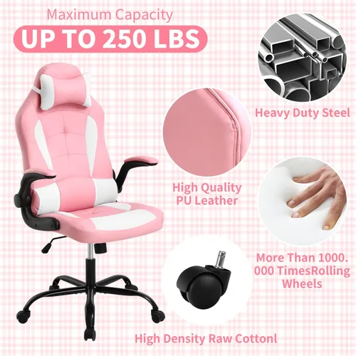 Vista 4 de Silla de oficina en casa, linda silla de juegos Kawaii rosa para niña, ergonómica, escritorio de carreras, oficina, ajustable, con respaldo alto