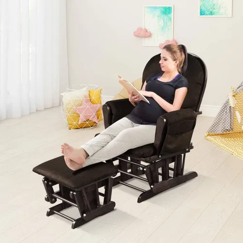 Vista 8 de Costzon Mecedora Deslizante de Guardería con Otomana, Mecedora Deslizante Tapizada Cómoda con Cojín Acolchado, Bolsillo de Almacenamiento, Base