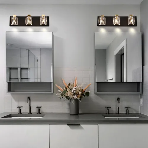 Vista 4 de Modernas luces de cristal para tocador, accesorios de luz para tocador de baño de 3 luces, luces de baño negras y doradas sobre espejo, apliques