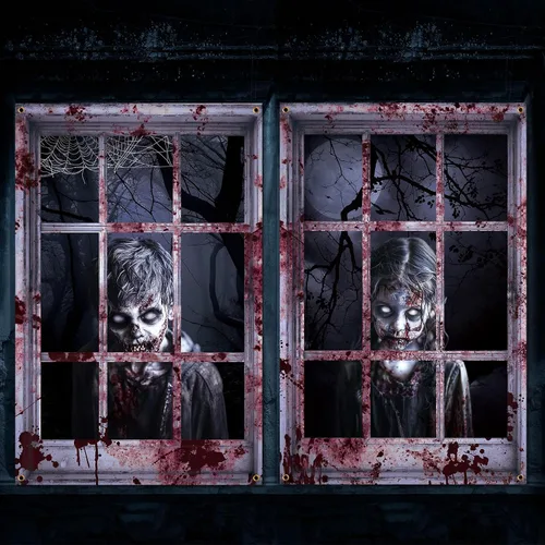 Vista 8 de Newwiee - 2 cortinas de Halloween aterradoras con silueta para ventana, decoración, póster temático para interiores y exteriores, fiestas, paredes