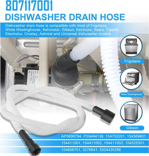 Vista 2 de 807117001 Reemplazo de manguera de drenaje para lavavajillas Frigidaire Electrolux White Westinghouse Tappan 154753201 154369601