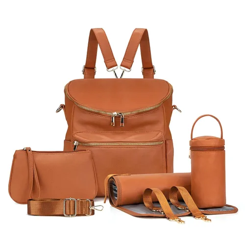 Vista 12 de Mochila para pañales, mochilas de cuero de moda para mamá, bolsas de pañales para bebés pequeños con organizador en bolsa y cambiador, Negro, M