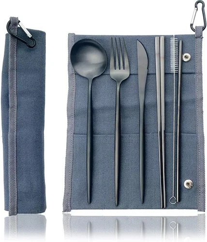Vista 20 de JASHII Juego de cubiertos de viaje de acero inoxidable, tenedor, cuchara, cuchillo, pajilla, cubiertos reutilizables con estuche, juego de Rosa