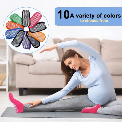 Vista 5 de 30 pares de calcetines antideslizantes de yoga con agarres, calcetines deportivos suaves y coloridos para mujeres y hombres, barra de yoga, 10