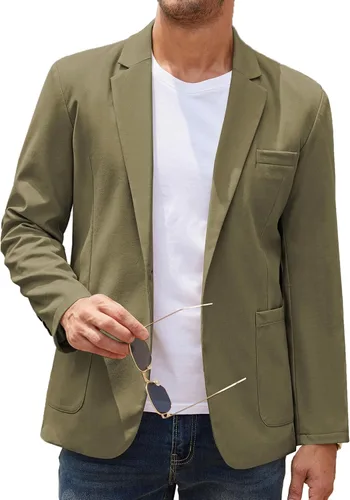 Vista 16 de COOFANDY Blazer casual de lino para hombre, ligero, ajuste regular, chaqueta deportiva de traje con un botón 01-caqui claro