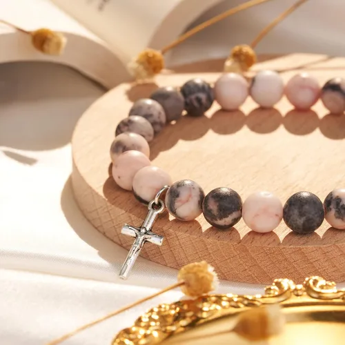 Vista 4 de Dabem Regalos cristianos, pulsera de cruz de piedra natural, regalos religiosos inspiradores de Pascua para mujeres, hombres, adolescentes y niñas