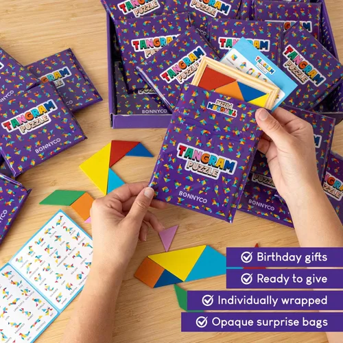 Vista 3 de BONNYCO Tangram Puzzle Paquete de Madera de 30 Recuerdos de Fiesta para Niños. Rellenos de Bolsas de Dulces para Niños de 3-5, 4-8, Regalos