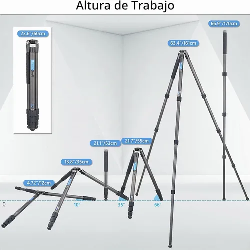 Vista 7 de ARTCISE Trípode de cámara de fibra de carbono - Trípode de viaje profesional resistente sin cabeza esférica, monopie para cámara réflex digital