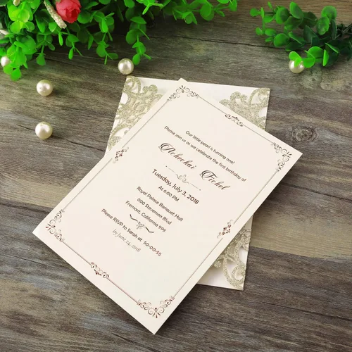 Vista 7 de Hosmsua 20 unidades de invitaciones de boda con flores de 13 x 18,5 cm con purpurina y corte láser con cintas y sobres para boda, despedida