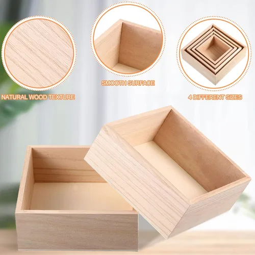 Vista 4 de Yookeer 16 cajas de madera sin terminar, 4 tamaños, caja de madera rústica para manualidades, cajas de madera, centro de mesa de almacenamiento