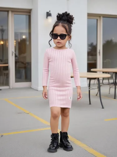 Vista 4 de Vestidos para niñas, Juego de 3 vestidos para niñas pequeñas de manga larga de color sólido, elegantes y casuales, con diseño acanalado, talla 2-8