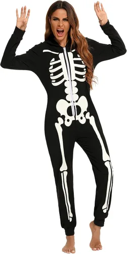 Vista 4 de Veseacky Conjunto de pijamas familiares a juego con diseño de esqueleto que brilla en la oscuridad, overol de Halloween con capucha y cremallera