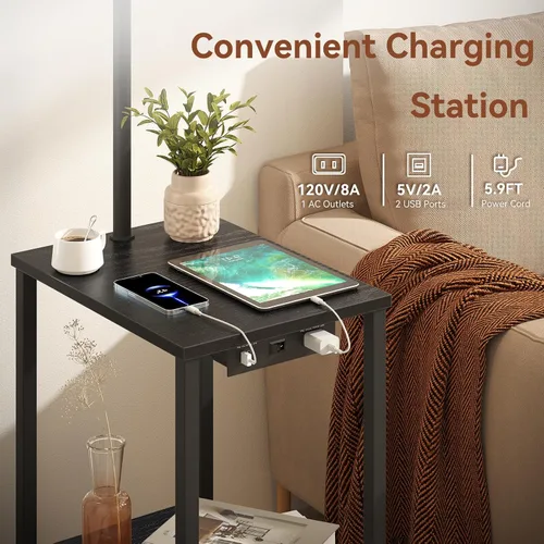 Vista 4 de Lámpara de pie SUNMORY con mesa, mesa auxiliar para sala de estar con lámpara, mesa lateral con estantes y estación de carga (puerto USB y AC)