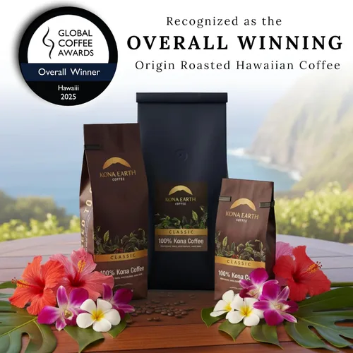 Vista 2 de KONA EARTH - 100% Café Kona, Tostado Medio Oscuro Clásico, Grano Entero (227 gramos) Café auténtico Kona hawaiano de la granja, tostado en lotes