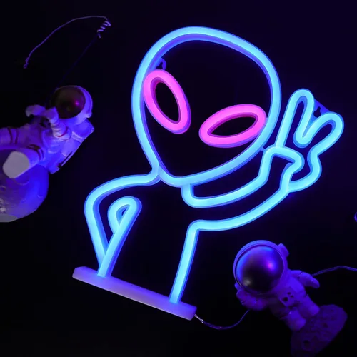 Vista 2 de ENUOLI Letrero de neón, diseño alienígena, plástico, 8.7 x 11.4 x 0.78 pulgadas, azul+rosa, letrero decorativo, alimentado por USB/batería, luz