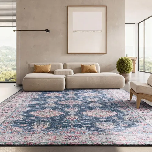 Vista 14 de SAFAVIEH Alfombra lavable Tucson Collection - 2 pies 6 pulgadas x 4 pies, azul marino y beige, antideslizante, ideal para zonas de alto tráfico