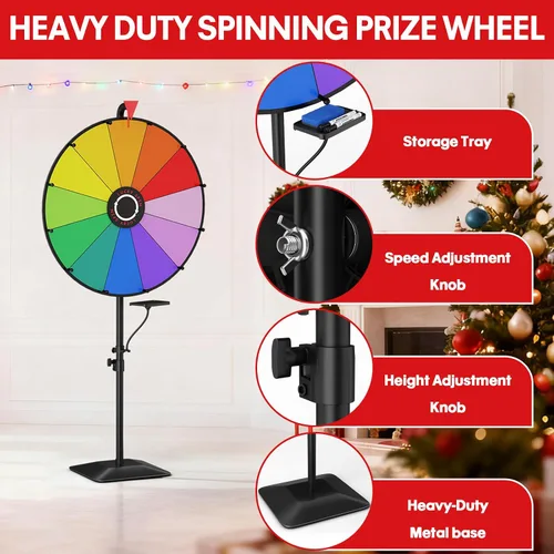 Vista 6 de Rueda de premios de 24 pulgadas, rueda giratoria ajustable con base pesada de alta resistencia Adjustable 47"-61" Height, 12 Dry Erase Prize Slots